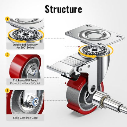 Heavy Duty Casters 2 Swivel with Brakes & 2 Rigid for Carts