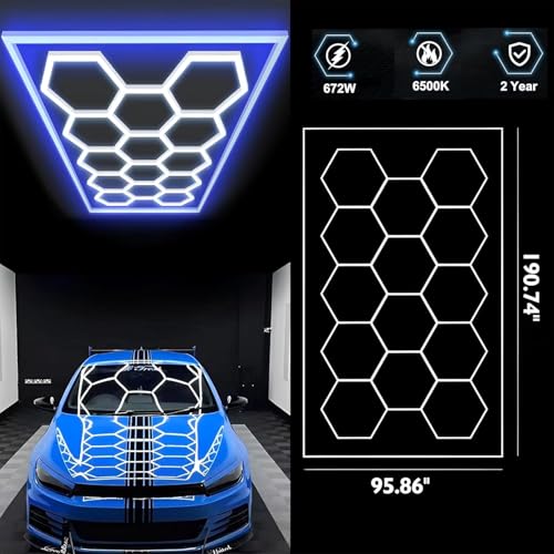 Hexagon Garage Lights 14 Hex 6500K Super Bright Honeycomb LED Lights with Rectangle Frame