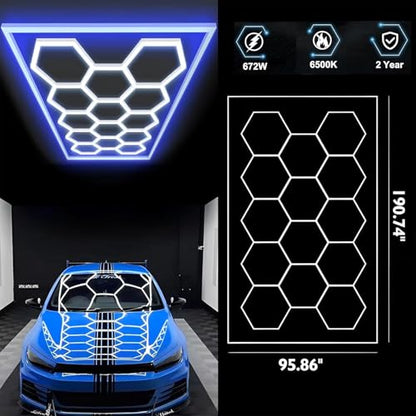 Hexagon Garage Lights 14 Hex 6500K Super Bright Honeycomb LED Lights with Rectangle Frame