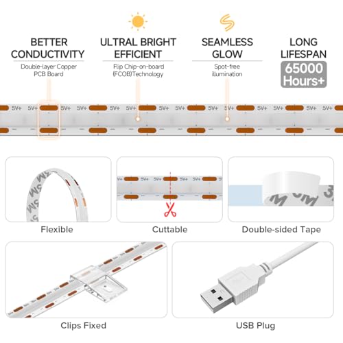 FCOB 5V USB Powered Warm White 2700K COB LED Strip Lights (Warm White 2700K / 9.8FT)