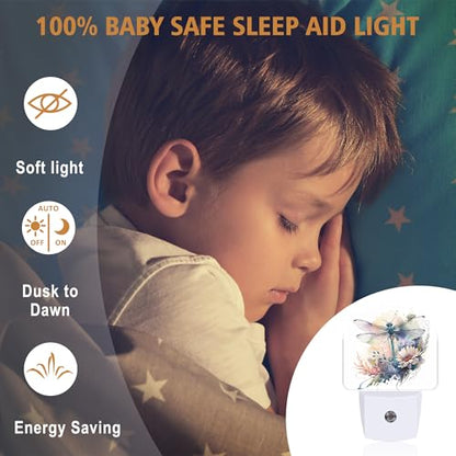 Night Light Dragonfly Watercolor Night Lights Plug into Wall with Dusk to Dawn Smart Sensor for Bedroom Bathroom Hallway Kitchen (Dragonfly Watercolor)