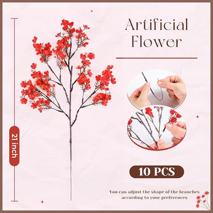 10Pcs Artificial Christmas Flowers Red Babys Breath Decoration for Home (Red)