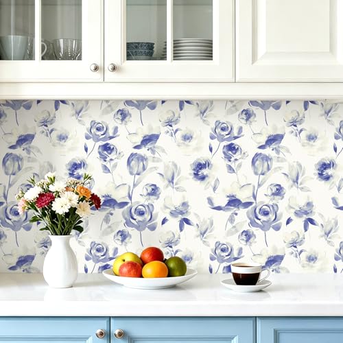Floral Wallpaper Peel and Stick Vintage Contact Paper Indigo Floral Self Adhesive Removable Wallpaper Waterproof for Bathroom Kitchen Decorative Vintage Contact Paper Vinyl