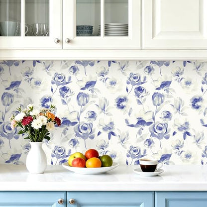 Floral Wallpaper Peel and Stick Vintage Contact Paper Indigo Floral Self Adhesive Removable Wallpaper Waterproof for Bathroom Kitchen Decorative Vintage Contact Paper Vinyl