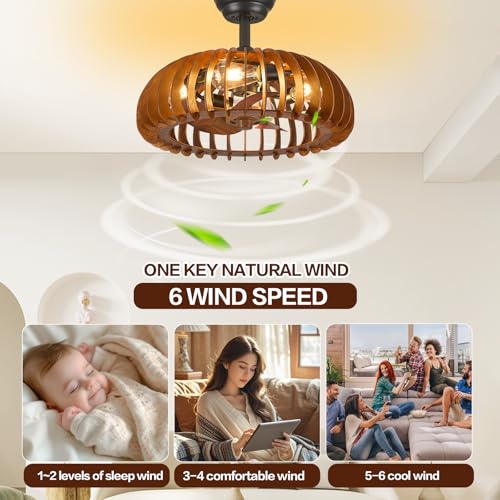 Wooden Caged Ceiling Fan Bladeless Farmhouse Fandelier Reversible for Small Bderoom Dining Living Room