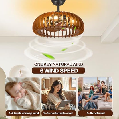 Wooden Caged Ceiling Fan Bladeless Farmhouse Fandelier Reversible for Small Bderoom Dining Living Room