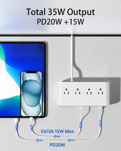 10-in-1 Power Strip with USB C Ports, 35W USB, 4 AC & 6 USB Ports (White)
